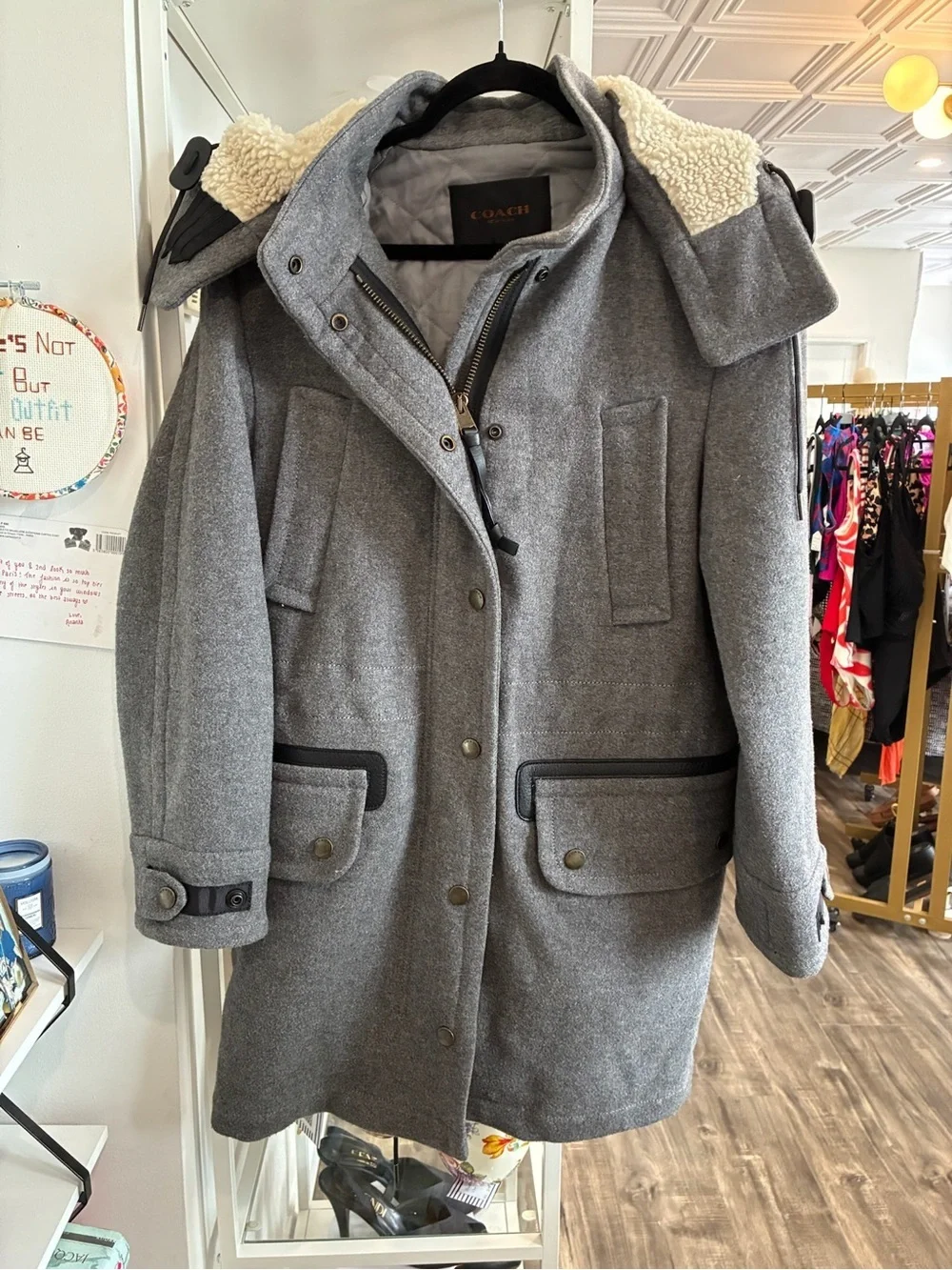 Coach Gray Quilted-Lined Wool Coat with Shearling Trim